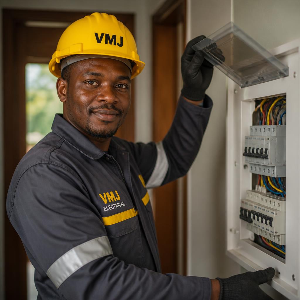VMJ electrician wearing a VMJ hard hat opening a residential distribution board in Katlehong, Gauteng